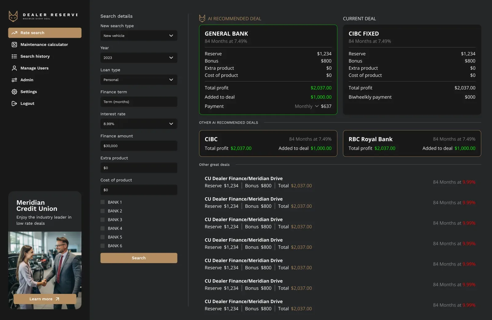 Dealer Reserve Dashboard — AI-powered deal optimization